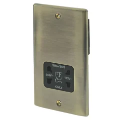 British General Nexus Metal 2-Gang Dual Voltage Shaver Socket 115 / 240V Antique Brass With Black Inserts