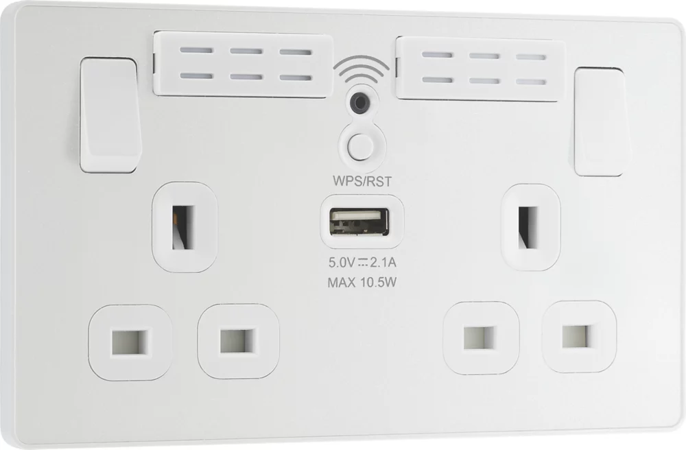 British General Evolve 13A 2-Gang SP Switched Double Socket With WiFi Extender + 2.1A 1-Outlet Type A USB Charger White With White Inserts - Image 2