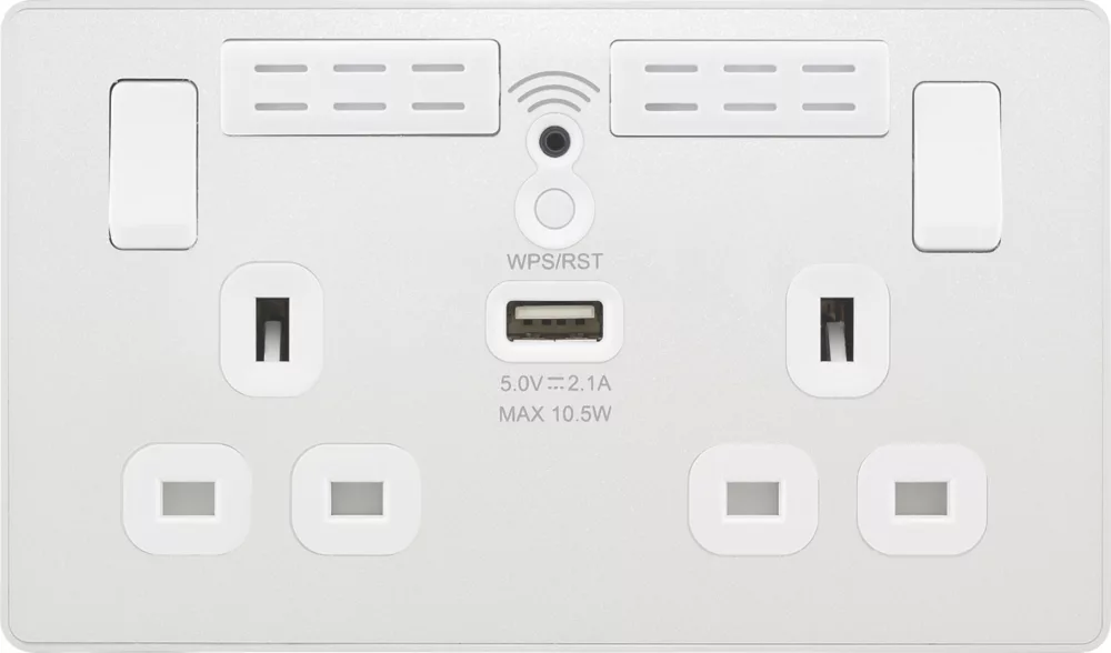 British General Evolve 13A 2-Gang SP Switched Double Socket With WiFi Extender + 2.1A 1-Outlet Type A USB Charger White With White Inserts - Image 3