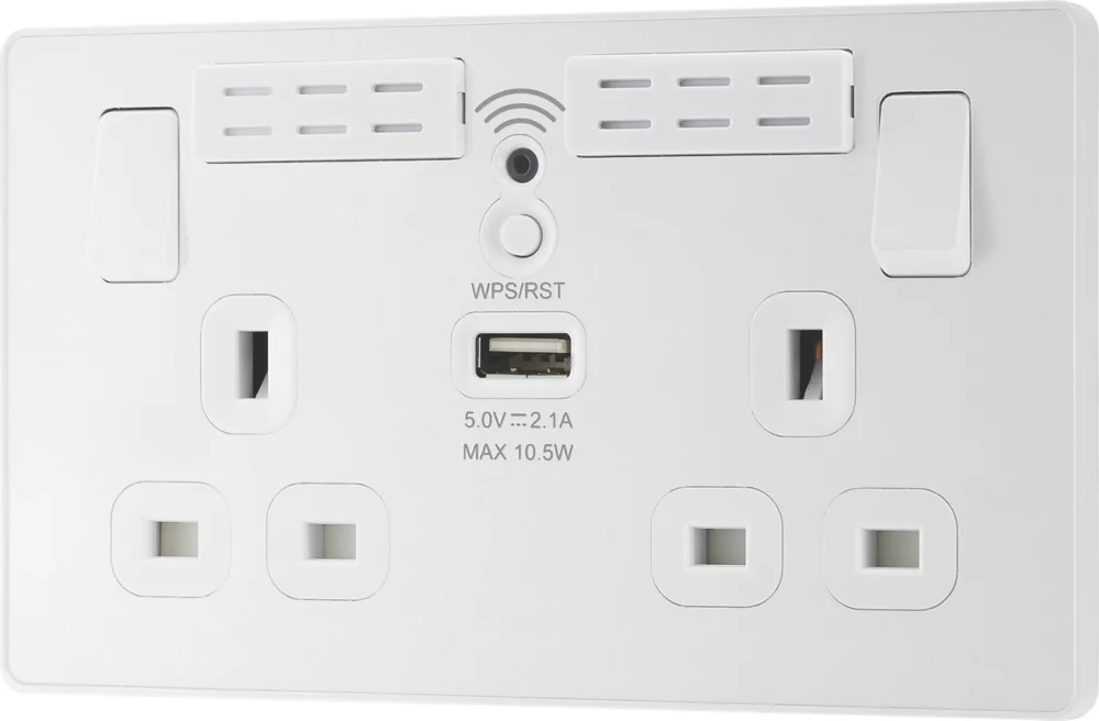 British General Evolve 13A 2-Gang SP Switched Double Socket With WiFi Extender + 2.1A 1-Outlet Type A USB Charger White With White Inserts - Image 4