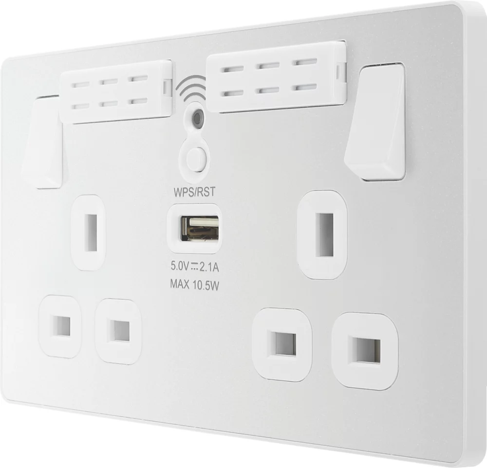 British General Evolve 13A 2-Gang SP Switched Double Socket With WiFi Extender + 2.1A 1-Outlet Type A USB Charger White With White Inserts