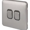 Schneider Electric Lisse Deco 10AX 2-Gang 2-Way Light Switch Brushed Stainless Steel With Black Inserts