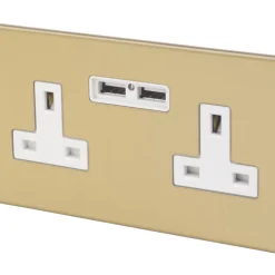 Varilight 13AX 2-Gang Unswitched Socket + 2.1A 2-Outlet Type A USB Charger Brushed Brass With White Inserts