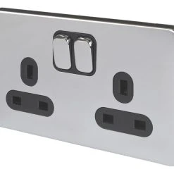 Schneider Electric Lisse Deco 13A 2-Gang SP Switched Plug Socket Polished Chrome With Black Inserts
