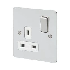 MK Edge 13A 1-Gang DP Switched Plug Socket Polished Chrome With White Inserts