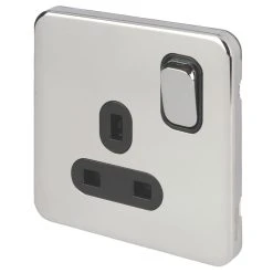 Schneider Electric Lisse Deco 13A 1-Gang SP Switched Plug Socket Polished Chrome With Black Inserts