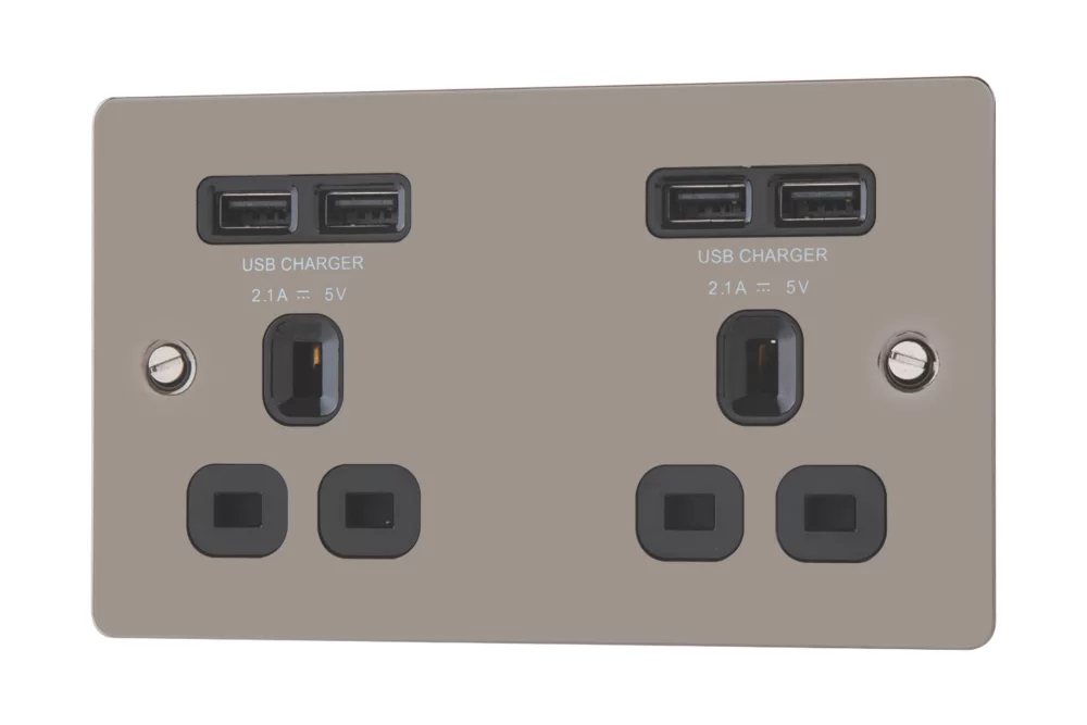 LAP 13A 2-Gang Unswitched Socket + 4.2A 4-Outlet Type A USB Charger Black Nickel With Black Inserts