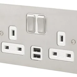 MK Edge 13A 2-Gang DP Switched Socket + 2A 2-Outlet Type A USB Charger Brushed Stainless Steel With White Inserts