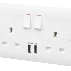 MK Base 13A 2-Gang SP Switched Socket + 2.4A 2-Outlet Type A USB Charger White With White Inserts