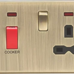 Knightsbridge CS83AB 45 & 13A 2-Gang DP Cooker Switch & 13A DP Switched Socket Antique Brass With LED With Black Inserts