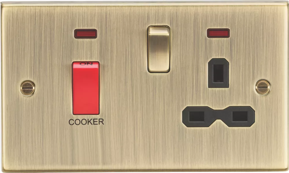 Knightsbridge CS83AB 45 & 13A 2-Gang DP Cooker Switch & 13A DP Switched Socket Antique Brass With LED With Black Inserts