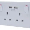 Schneider Electric Lisse 2.1A 2-Gang SP Switched Socket + 2.1A 2-Outlet Type A USB Charger White
