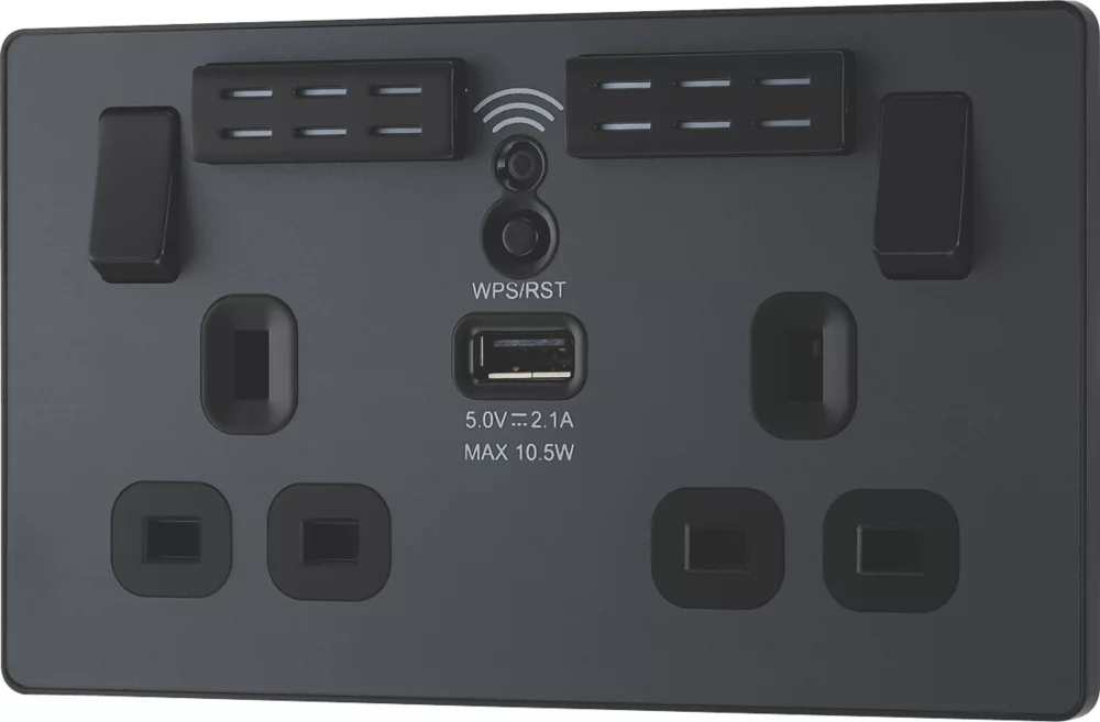 British General Evolve 13A 2-Gang SP Switched Double Socket With WiFi Extender + 2.1A 1-Outlet Type A USB Charger Grey With Black Inserts - Image 4