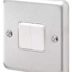 MK Albany Plus 10AX 2-Gang 2-Way Light Switch Brushed Stainless Steel With White Inserts
