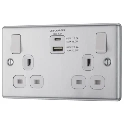 LAP 13A 2-Gang SP Switched Socket + 4.2A 2-Outlet Type A & C USB Charger Brushed Stainless Steel With White Inserts
