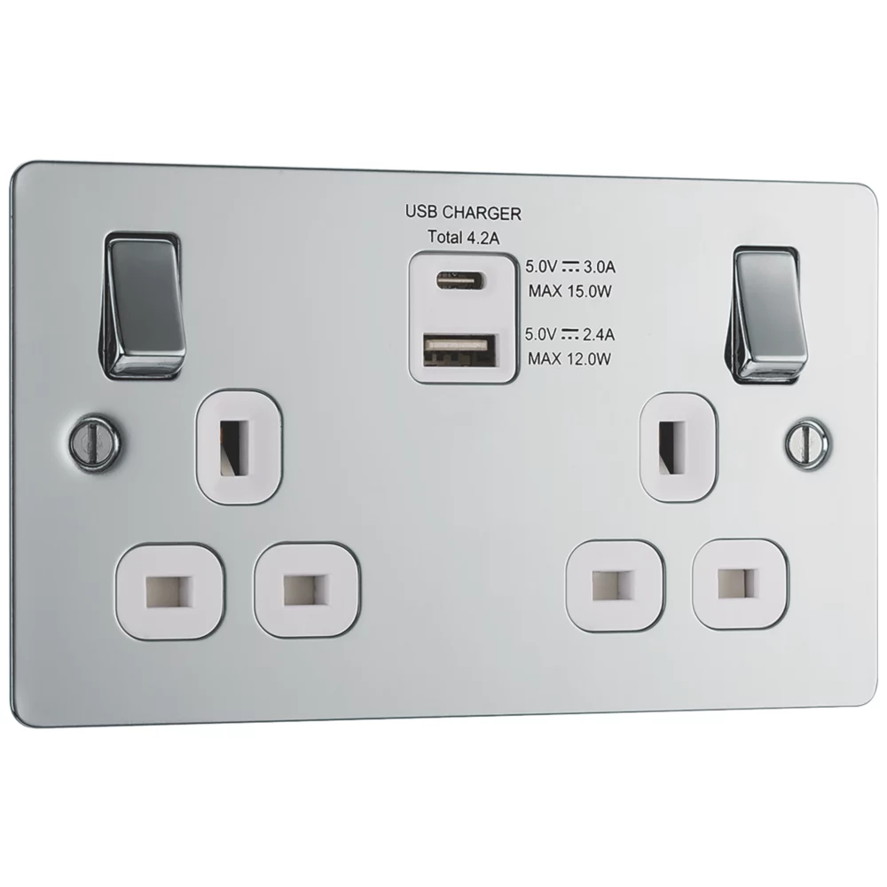 LAP 13A 2-Gang SP Switched Socket + 4.2A 2-Outlet Type A & C USB Charger Polished Chrome With White Inserts - Image 2