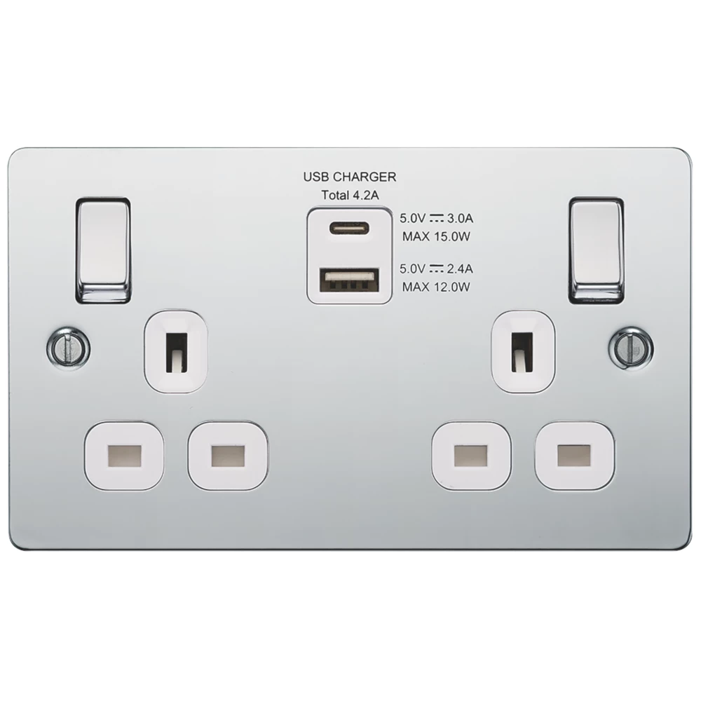 LAP 13A 2-Gang SP Switched Socket + 4.2A 2-Outlet Type A & C USB Charger Polished Chrome With White Inserts - Image 3