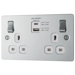 LAP 13A 2-Gang SP Switched Socket + 4.2A 2-Outlet Type A & C USB Charger Polished Chrome With White Inserts