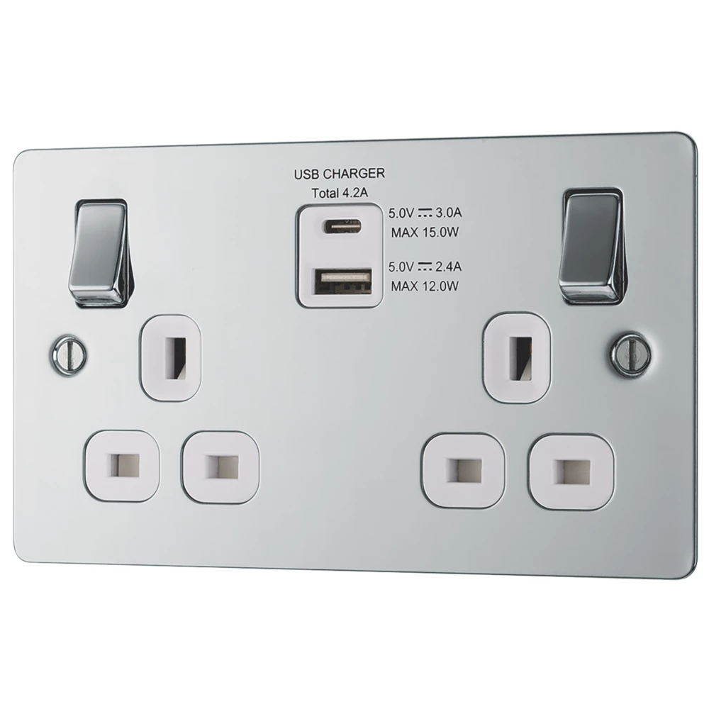 LAP 13A 2-Gang SP Switched Socket + 4.2A 2-Outlet Type A & C USB Charger Polished Chrome With White Inserts