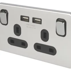 Schneider Electric Lisse Deco 13A 2-Gang SP Switched Socket + 2.1A 2-Outlet Type A USB Charger Polished Chrome With Black Inserts