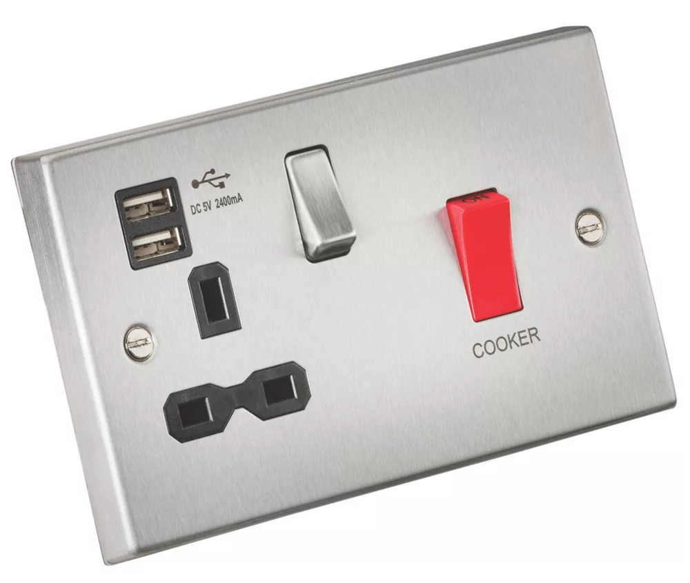 Knightsbridge CS8333UBC 45 & 13A 1-Gang DP Cooker Switch & 13A DP Switched Socket + 2.4A 2-Outlet Type A USB Charger Brushed Chrome - Image 2