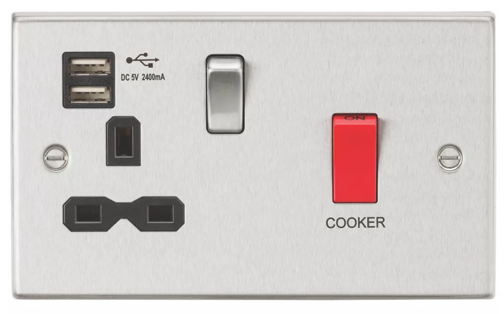 Knightsbridge CS8333UBC 45 & 13A 1-Gang DP Cooker Switch & 13A DP Switched Socket + 2.4A 2-Outlet Type A USB Charger Brushed Chrome