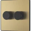 British General Evolve 2-Gang 2-Way LED Trailing Edge Double Push Dimmer With Rotary Control Satin Brass With Black Inserts