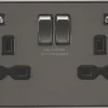 Knightsbridge FPR9224GM 13A 2-Gang SP Switched Socket + 2.4A 2-Outlet Type A USB Charger Gunmetal With Black Inserts