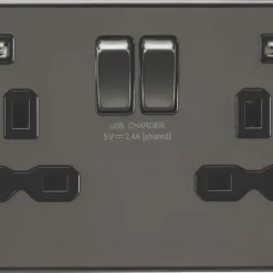 Knightsbridge FPR9224GM 13A 2-Gang SP Switched Socket + 2.4A 2-Outlet Type A USB Charger Gunmetal With Black Inserts