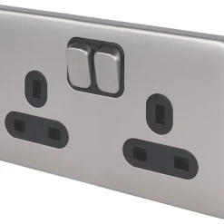 Schneider Electric Lisse Deco 13A 2-Gang DP Switched Plug Socket Brushed Stainless Steel With Black Inserts
