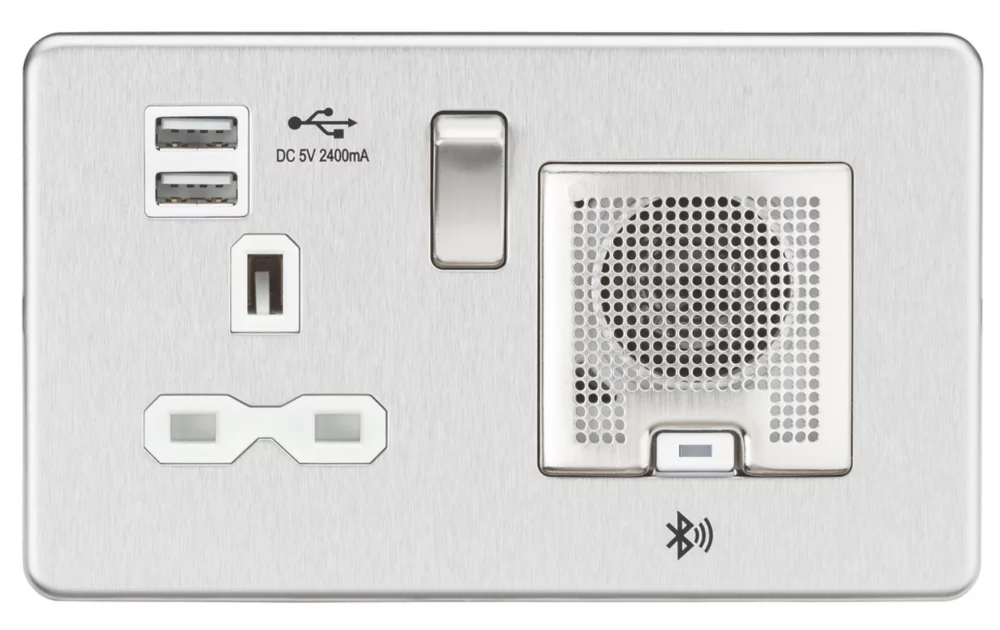 Knightsbridge SFR9905BCW 13A 1-Gang SP Switched Socket + 2.4A 2-Outlet Type A USB Charger Brushed Chrome With White Inserts