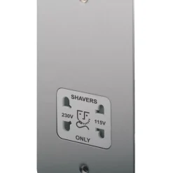 LAP 2-Gang Dual Voltage Shaver Socket 115 / 230V Brushed Stainless Steel With White Inserts