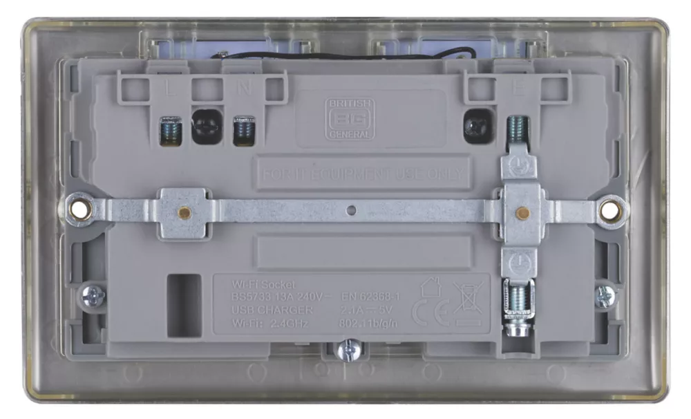 British General Nexus Metal 13A 2-Gang SP Switched Wi-Fi Extender Socket + 2.1A 1-Outlet Type A USB Charger Brushed Stainless Steel With Graphite Inserts - Image 2