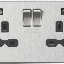 Knightsbridge FPR9224BC 13A 2-Gang SP Switched Socket + 2.4A 2-Outlet Type A USB Charger Brushed Chrome With Black Inserts