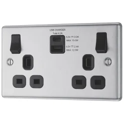 LAP 13A 2-Gang SP Switched Socket + 4.2A 2-Outlet Type A & C USB Charger Brushed Stainless Steel With Black Inserts
