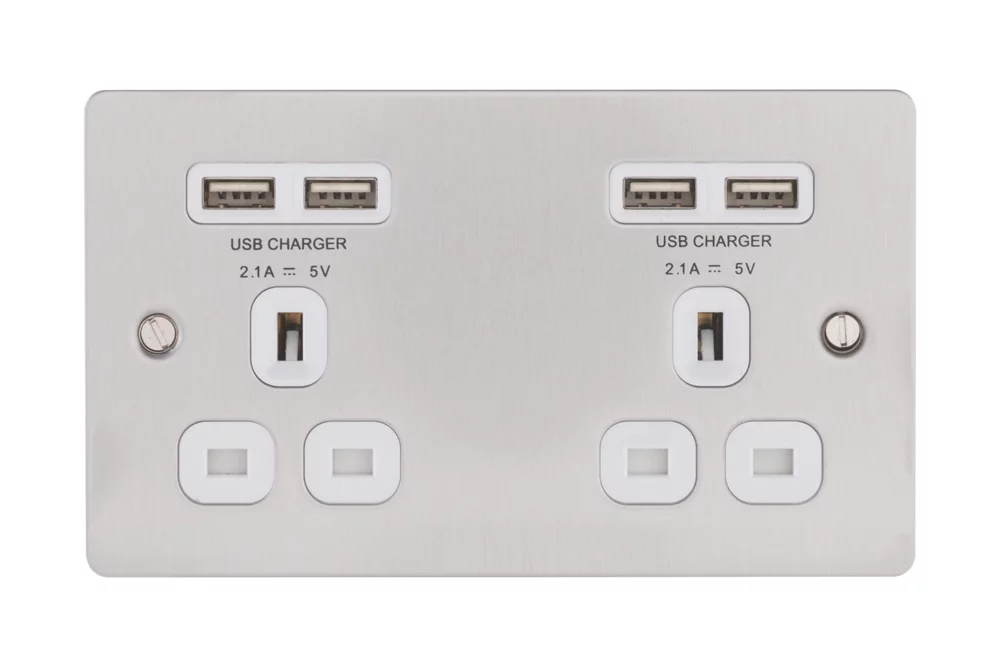 LAP 13A 2-Gang Unswitched Socket + 4.2A 4-Outlet Type A USB Charger Brushed Stainless Steel With White Inserts - Image 2