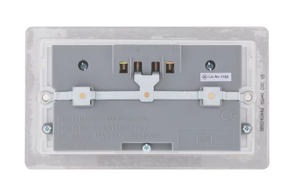 LAP 13A 2-Gang Unswitched Socket + 4.2A 4-Outlet Type A USB Charger Brushed Stainless Steel With White Inserts - Image 4