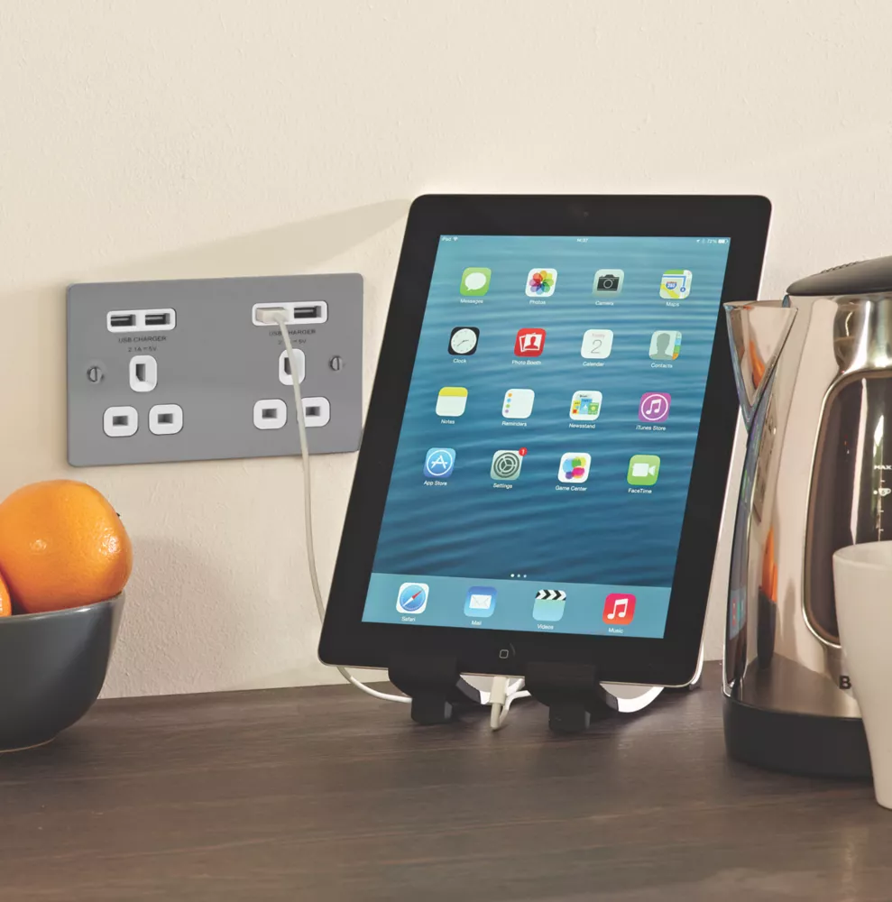 LAP 13A 2-Gang Unswitched Socket + 4.2A 4-Outlet Type A USB Charger Brushed Stainless Steel With White Inserts - Image 5