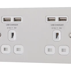 LAP 13A 2-Gang Unswitched Socket + 4.2A 4-Outlet Type A USB Charger Brushed Stainless Steel With White Inserts