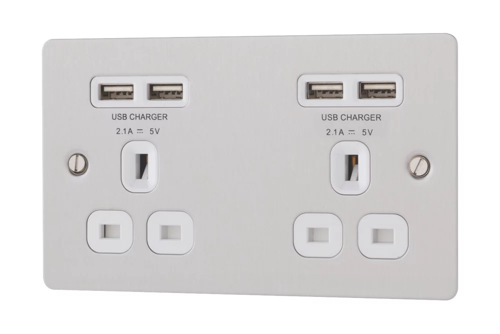LAP 13A 2-Gang Unswitched Socket + 4.2A 4-Outlet Type A USB Charger Brushed Stainless Steel With White Inserts