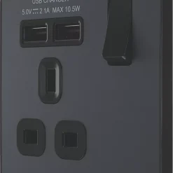 British General Evolve 13A 1-Gang SP Switched Socket + 2.1A 2-Outlet Type A USB Charger Grey With Black Inserts