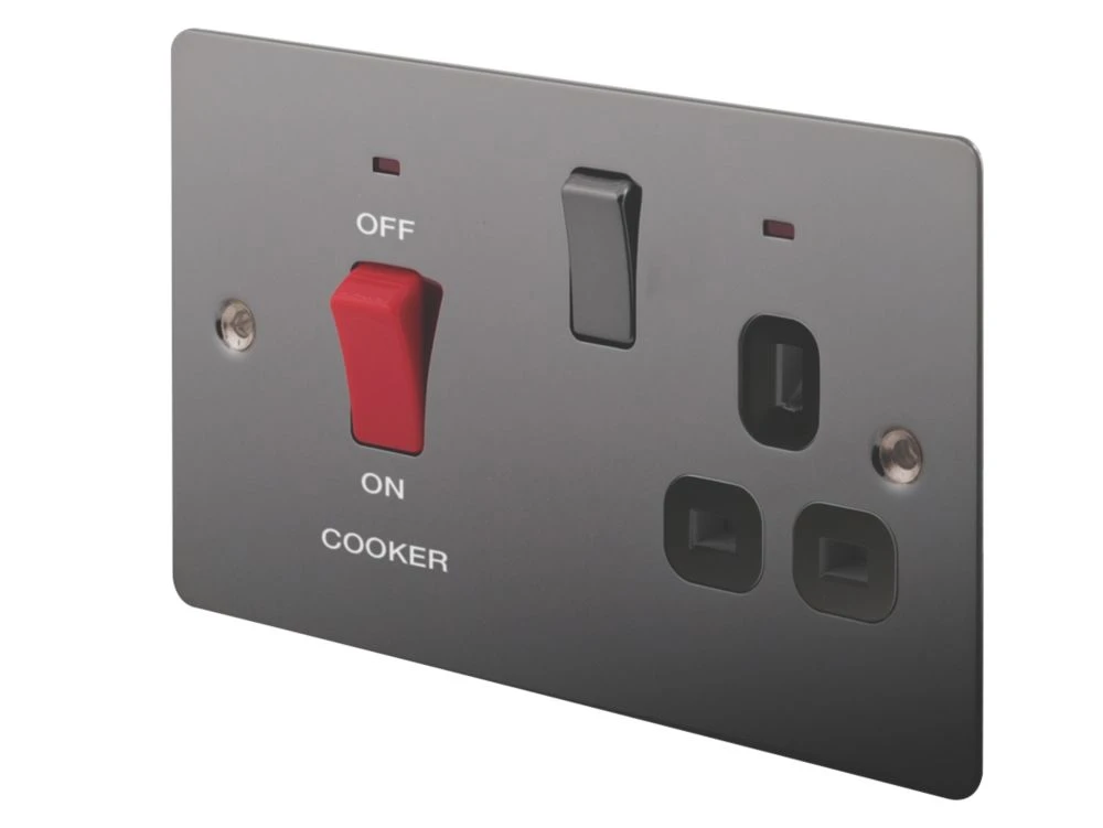 LAP 45A 2-Gang DP Cooker Switch & 13A DP Switched Socket Black Nickel With LED With Black Inserts