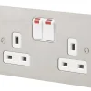 MK Edge 13A 2-Gang DP Switched Plug Socket Brushed Stainless Steel With Neon With White Inserts