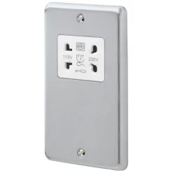 MK Albany Plus 2-Gang Dual Voltage Shaver Socket 115 / 230V Brushed Chrome With White Inserts