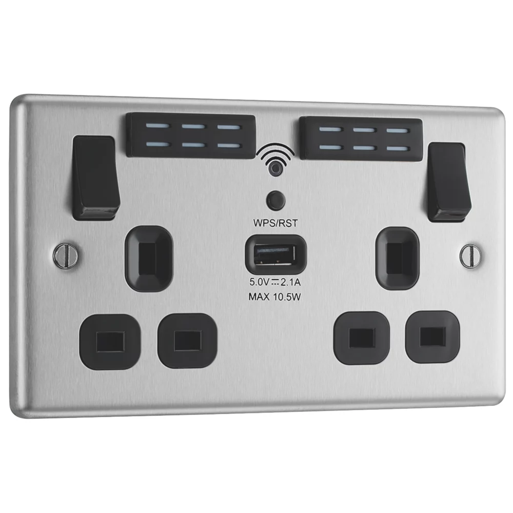 LAP 13A 2-Gang SP Switched Wi-Fi Extender + 2.1A 1-Outlet Type A USB Charger Brushed Steel With Black Inserts - Image 2