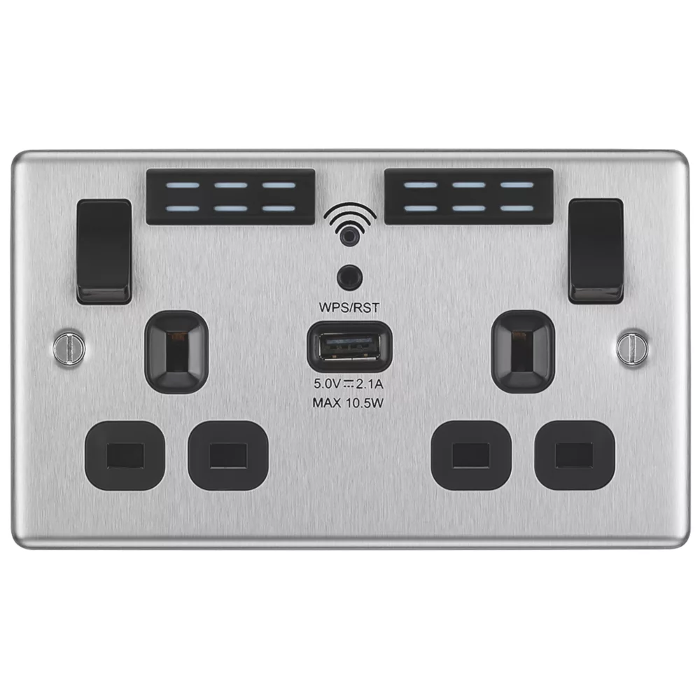 LAP 13A 2-Gang SP Switched Wi-Fi Extender + 2.1A 1-Outlet Type A USB Charger Brushed Steel With Black Inserts - Image 3