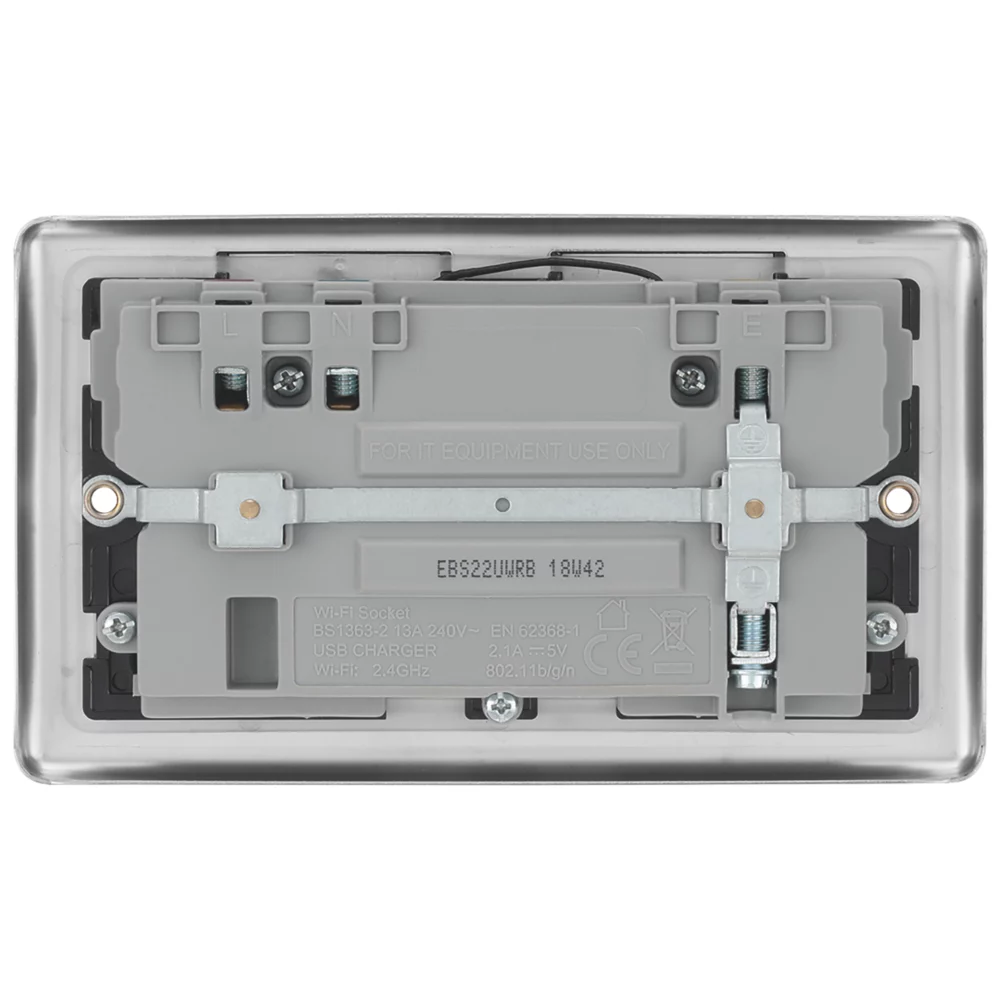 LAP 13A 2-Gang SP Switched Wi-Fi Extender + 2.1A 1-Outlet Type A USB Charger Brushed Steel With Black Inserts - Image 4