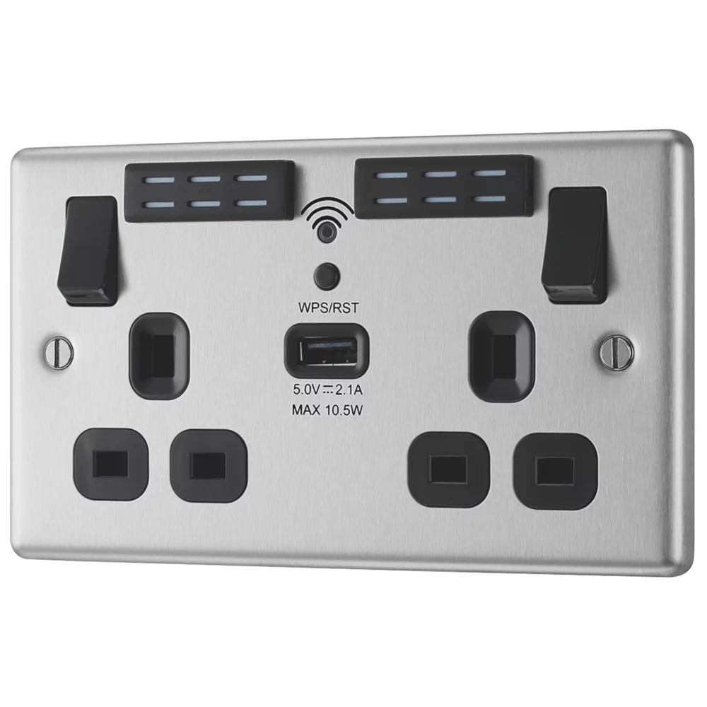 LAP 13A 2-Gang SP Switched Wi-Fi Extender + 2.1A 1-Outlet Type A USB Charger Brushed Steel With Black Inserts