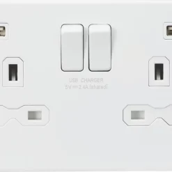 Knightsbridge SFR9224MW 13A 2-Gang SP Switched Socket + 2.4A 2-Outlet Type A USB Charger Matt White With White Inserts