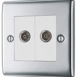British General Nexus Metal 2-Gang Double Coaxial TV / FM Socket Polished Chrome